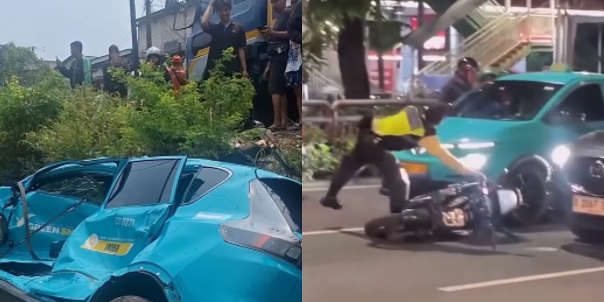 Menyoroti Taksi Green SM yang dinilai meresahkan pengguna jalan, dari kasus mogok dalam perlintasan kereta di Bekasi hingga tabrak motor di Jaksel. (Instagram.com/@aurabekasi_)