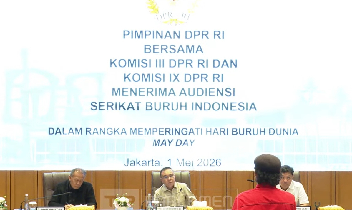 DPR RI saat menerima audiensi bersama perwakilan serikat buruh pada Jumat, 1 Mei 2026. (YouTube/DPR RI)