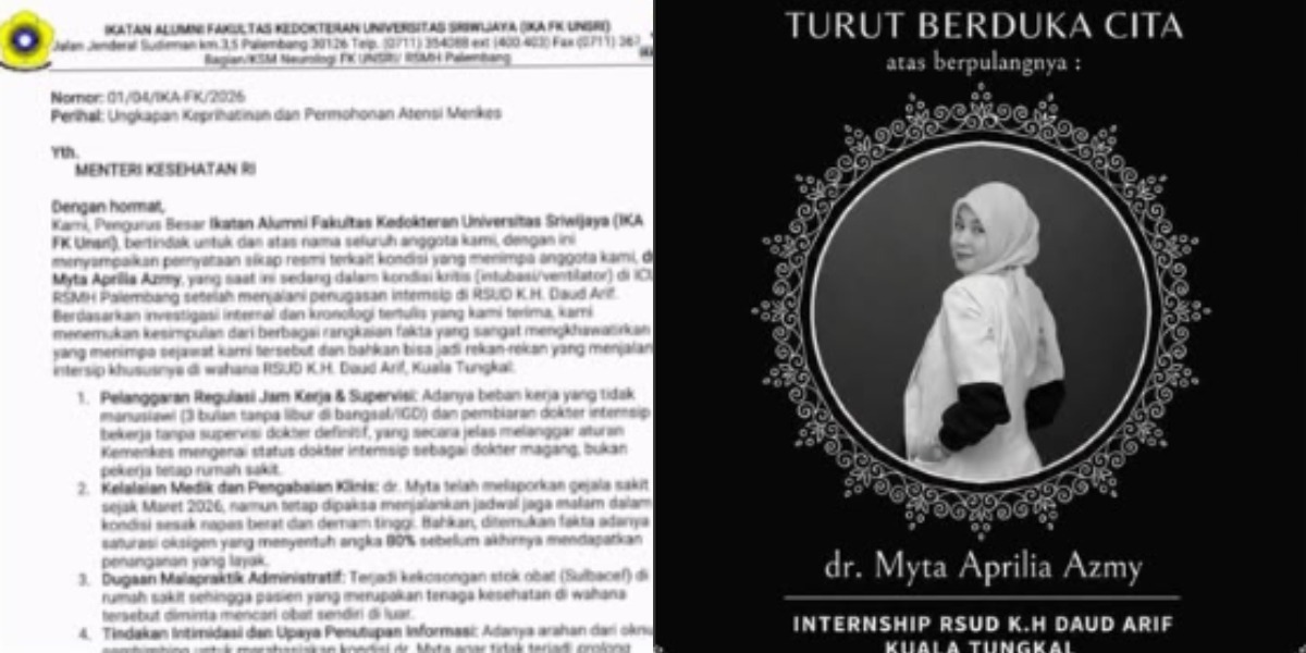 Menyoroti kasus kematian dr Myta Aprilia Azmy, dokter internship Universitas Sriwijaya (Unsri) yang sempat bertugas di RSUD Kuala Tungkal Jambi. (Instagram.com/@wakandafeeds - @medicstory.id)